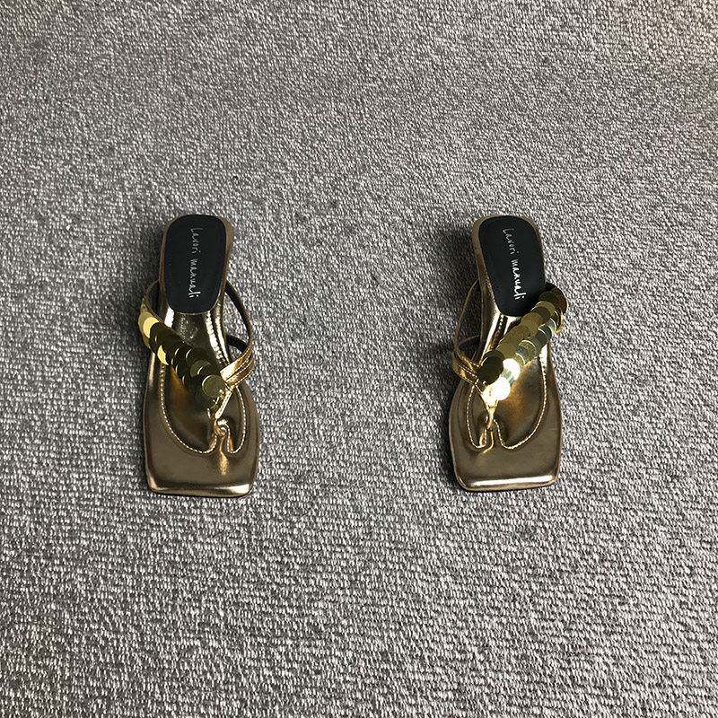 露涵思 御姐风!精致亮片异形跟人字拖坡跟夹趾凉拖显瘦夏季外穿
