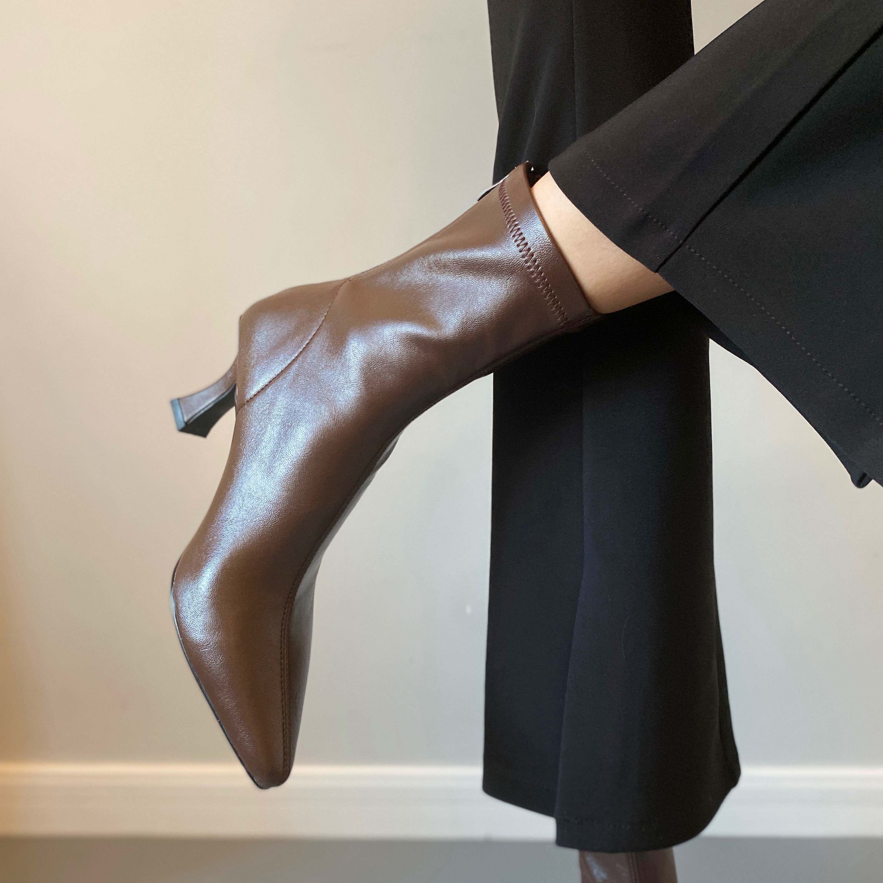 SIXWOO  韩系尖头细跟靴子高跟弹力靴气质百搭黑色瘦瘦靴秋冬女靴