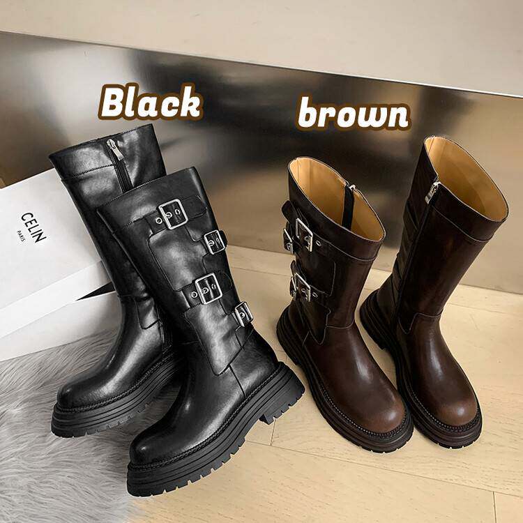 秋美儿厚底美拉德长靴女酷女孩大筒围真皮骑士靴胖妹妹粗腿高筒靴