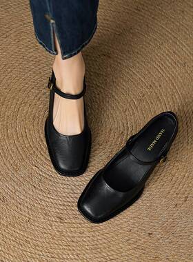 4.5cm手抓纹羊皮粗跟单鞋女中跟酒红色一字扣玛丽珍鞋40-43工作鞋