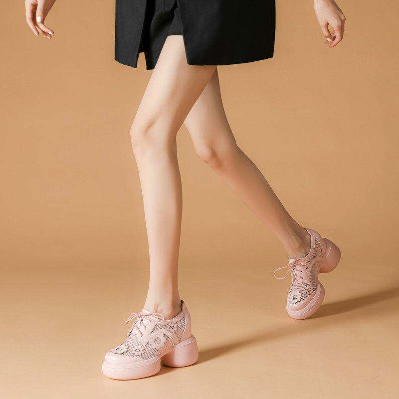 10cm内增高真皮厚底乐福鞋女夏季镂空网纱松糕单鞋系带休闲小皮鞋