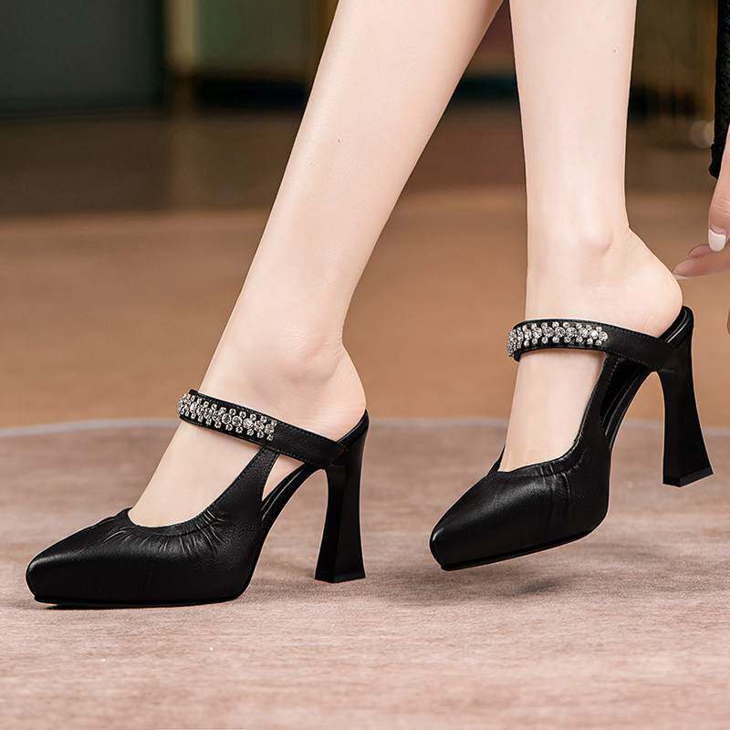 白色高跟包头半拖鞋女夏外穿真皮粗跟防水台凉拖鞋水钻气质10厘米