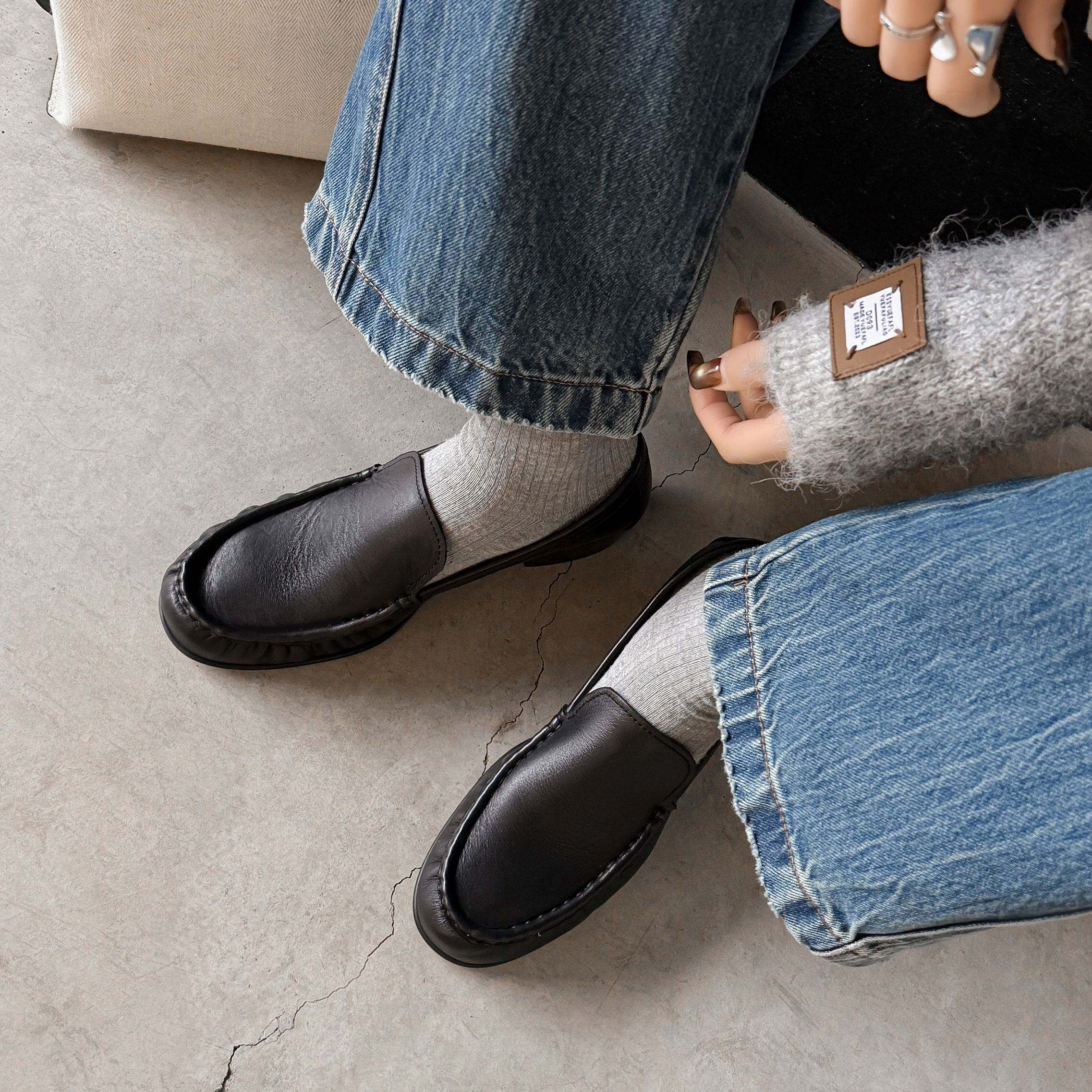 3.5cm老钱风粗跟磨砂真皮乐福鞋女中跟英伦风小皮鞋杏色懒人单鞋