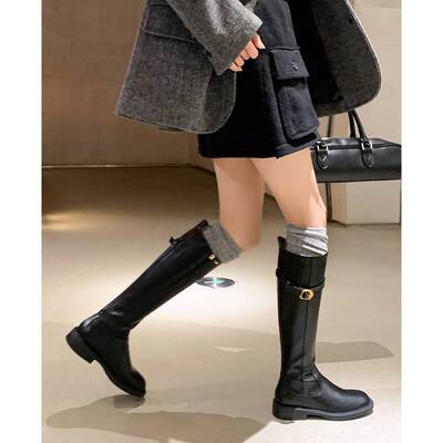 FairyWink 长腿警告～！真皮粗跟皮带扣高筒骑行靴女圆头复古长靴
