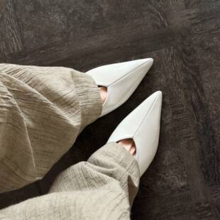 5cm一脚蹬真皮红色浅口玛丽珍鞋女坡跟尖头懒人单鞋女中跟小皮鞋