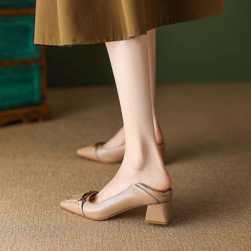 白色高跟鞋女粗跟法式羊皮方头通勤真皮女鞋裸色单鞋2026春夏新款