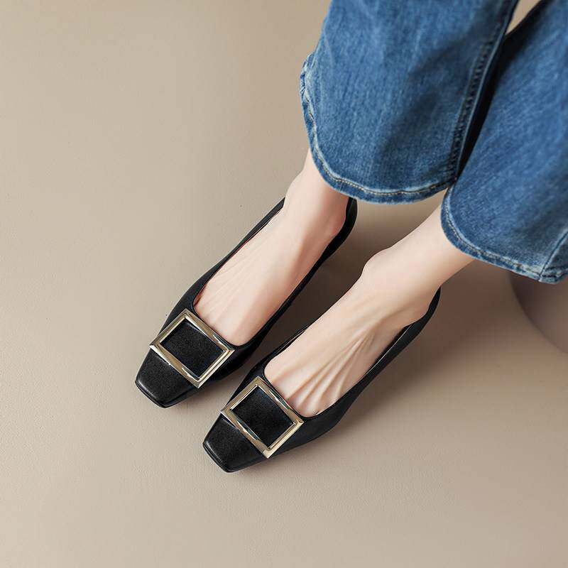 白色方头粗跟单鞋不累脚通勤法式真皮女鞋春夏新款中跟羊皮高跟鞋