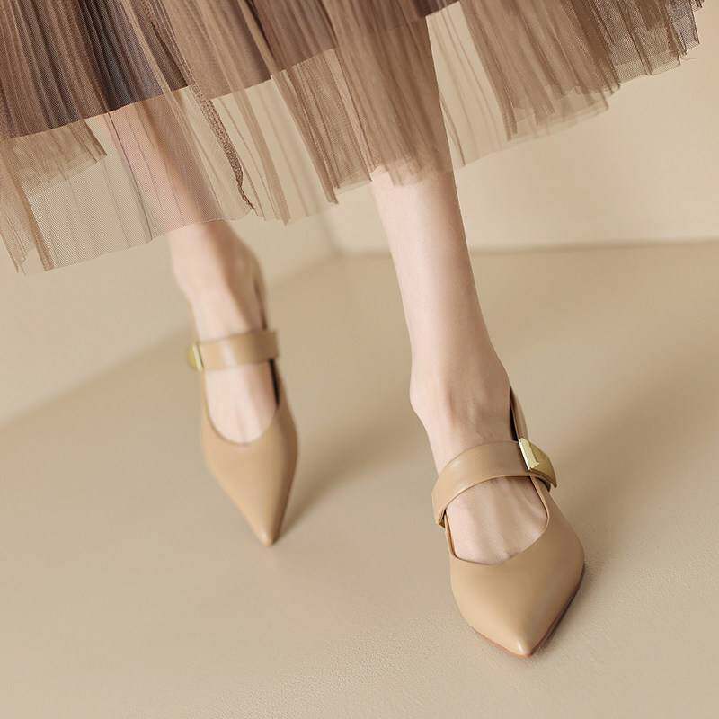 裸色高跟鞋女春夏尖头法式羊皮不累脚一字扣单鞋女平底玛丽珍鞋子