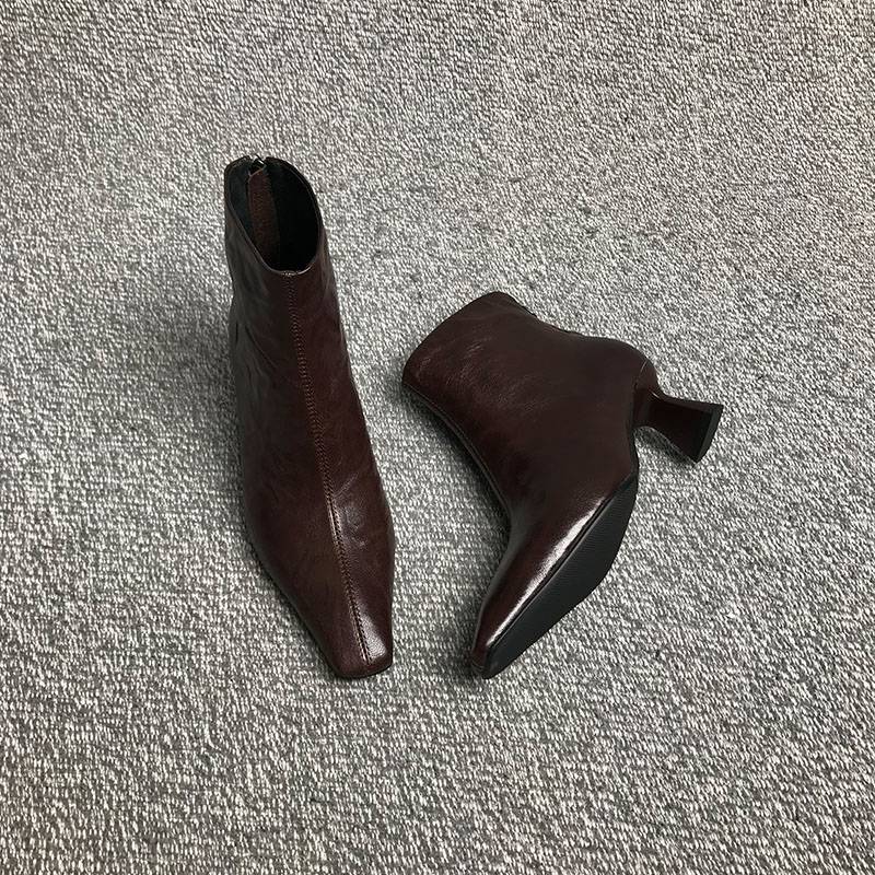 露涵思 羊皮小方头短靴女裸靴复古单靴子百搭小众显瘦西部牛仔靴