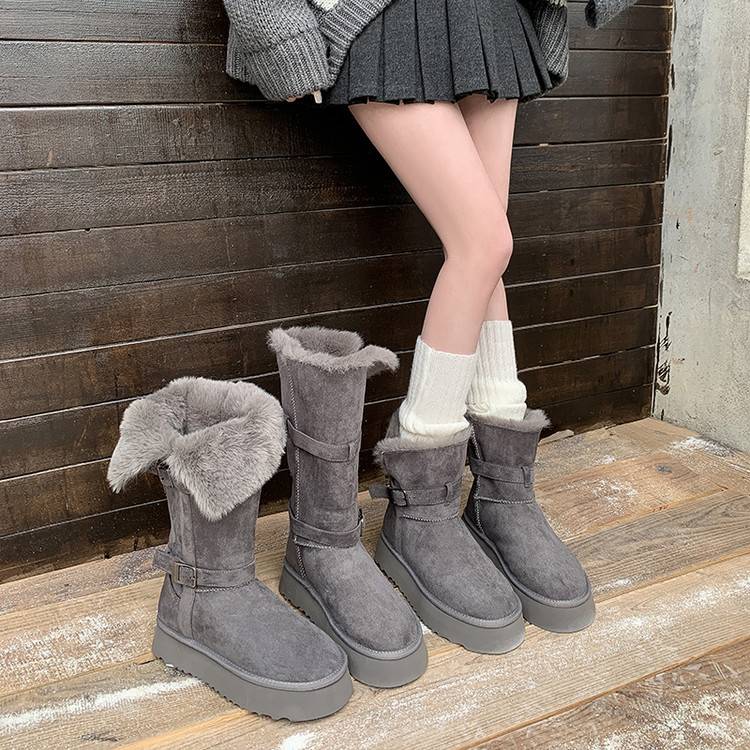 猫哥手工靴子~4cm中跟灰色圆头雪地靴女冬季加绒厚底毛毛高筒靴潮