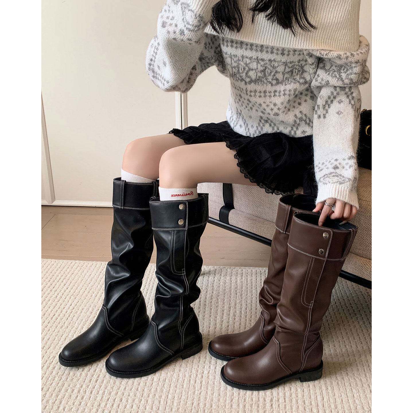 戈丹琳2026新款韩版圆头长筒靴女堆堆靴显瘦增高牛仔靴裤管骑士靴
