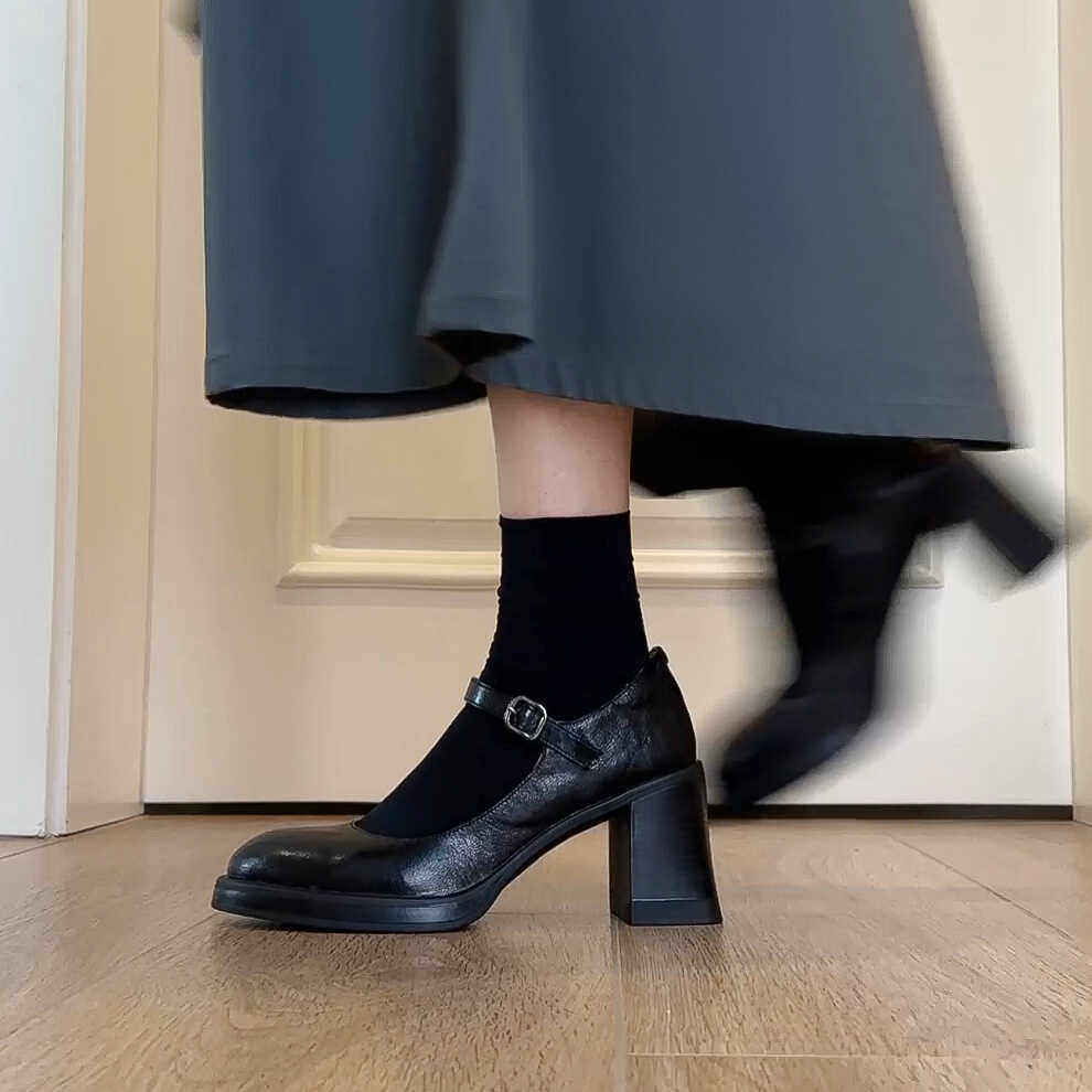 Dangle 小个子黑色厚底高跟鞋女气质通勤 一字带单鞋女粗跟7cm