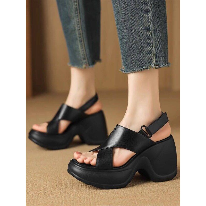 【头层牛皮】10cm高跟罗马凉鞋女夏季粗跟增高松糕交叉带V口休闲