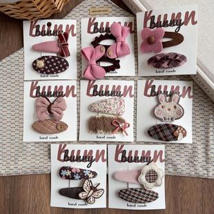 韩版 手作儿童发饰布艺蝴蝶结花朵BB夹女童韩粉格纹边夹刘海侧发饰