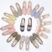 亚麻帆布蓝白条纹一脚蹬平底渔夫鞋 新款 浅口百搭厚底草编麻底鞋 女