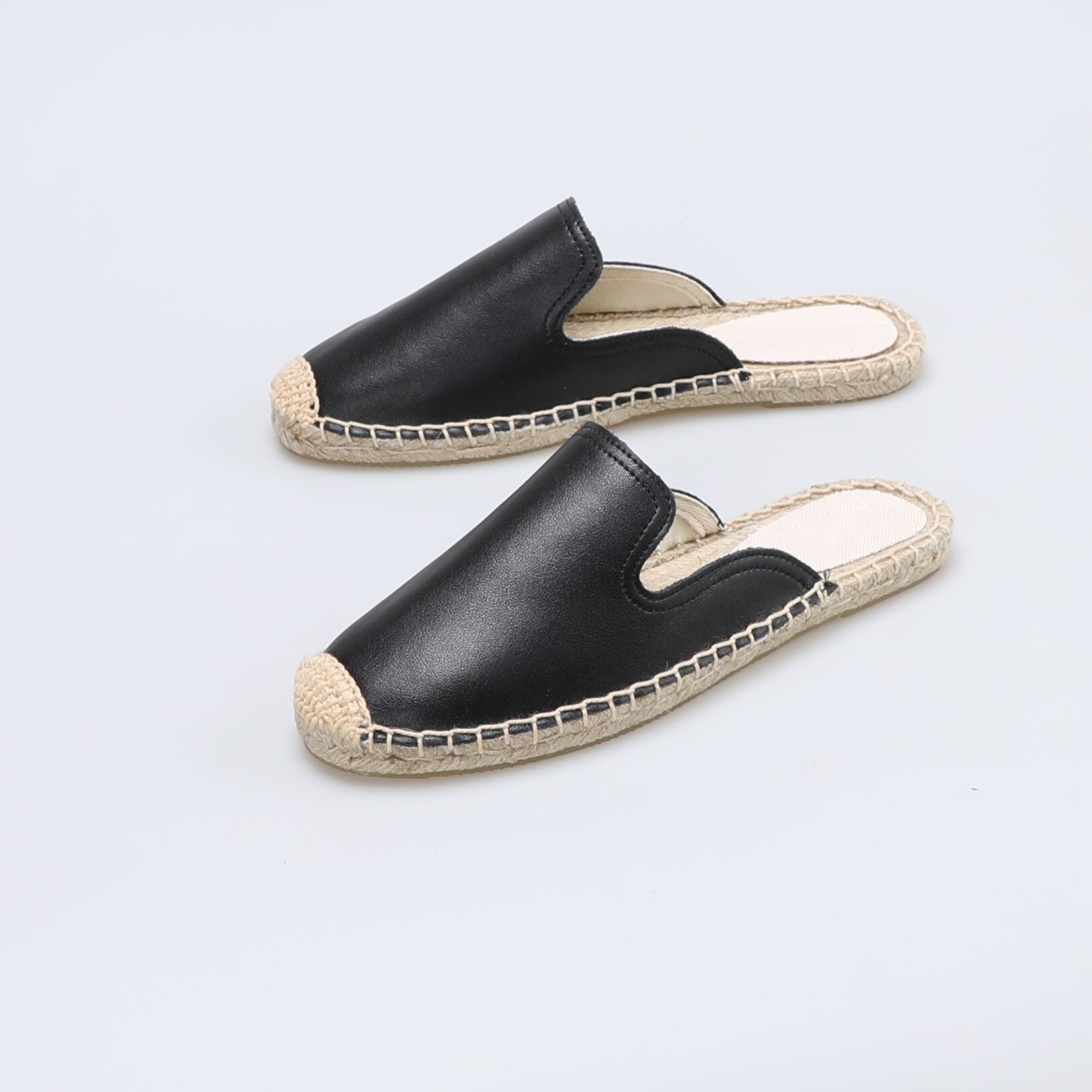 2023年新款真皮编织牛皮渔夫鞋草编平底包头外穿旅游鞋一字拖鞋女