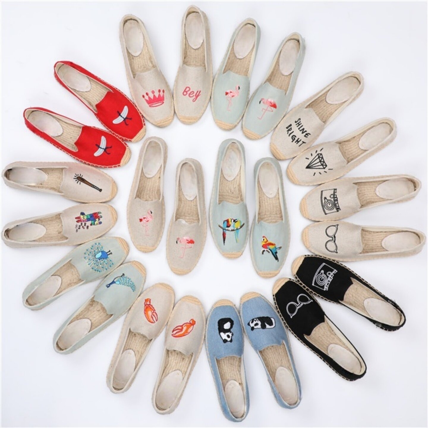 新款浅口亚麻刺绣火烈鸟草编麻底一脚蹬孕妇旅游透气平底渔夫鞋女