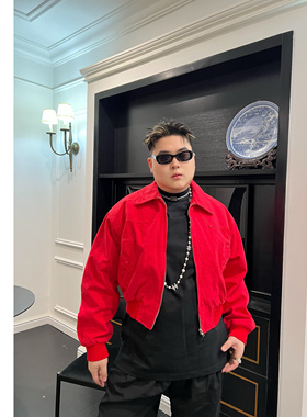 阿胖胖 美式短款上衣牛仔红色夹克男款潮牌痞帅帆布工装外套大码
