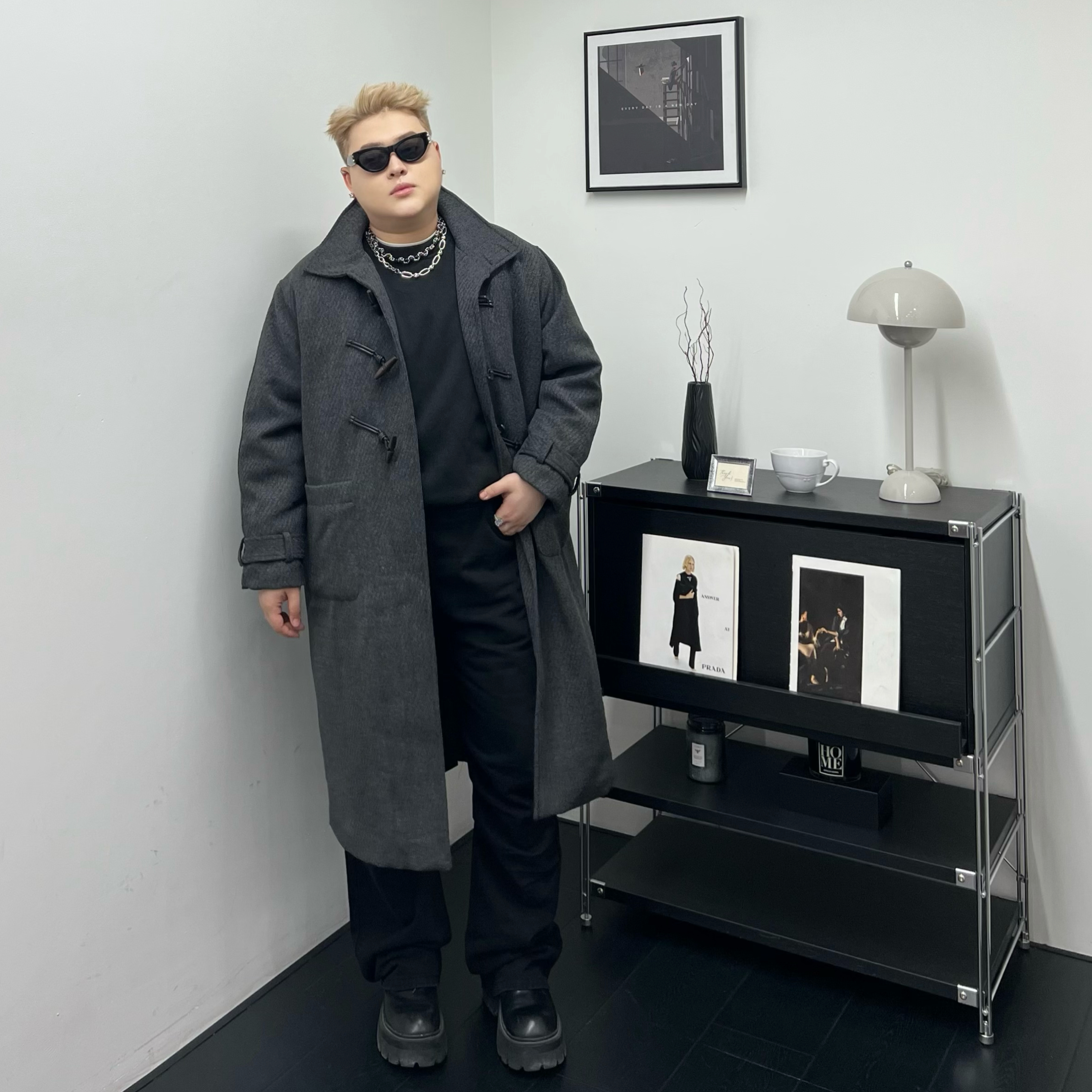 阿胖胖 大码牛角扣毛呢大衣男女宽松休闲百搭潮流时尚长款厚外套