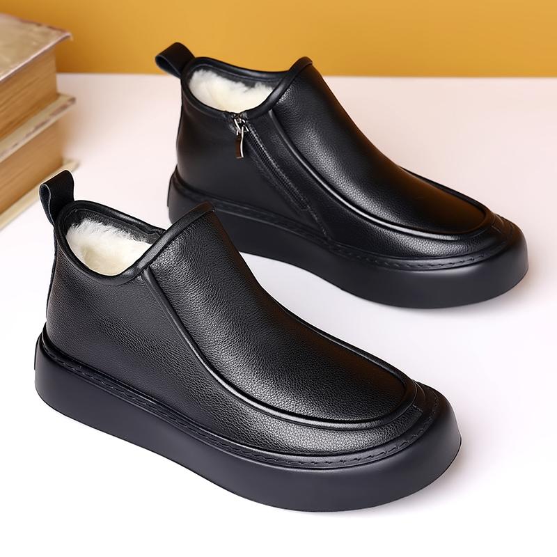 真皮鞋面，加厚羊毛皮毛一体