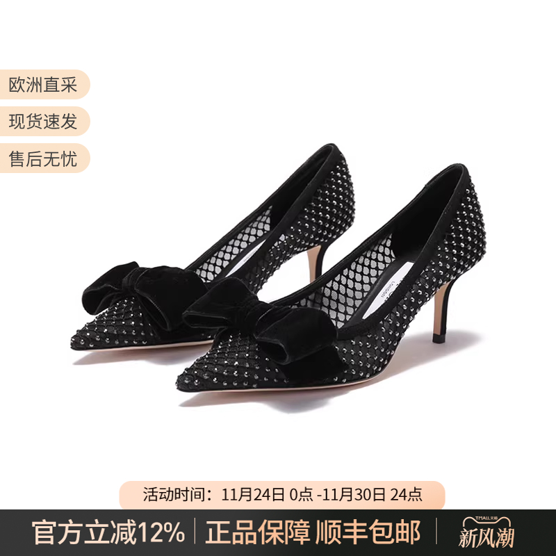 周仰杰高跟鞋蝴蝶结水晶网布