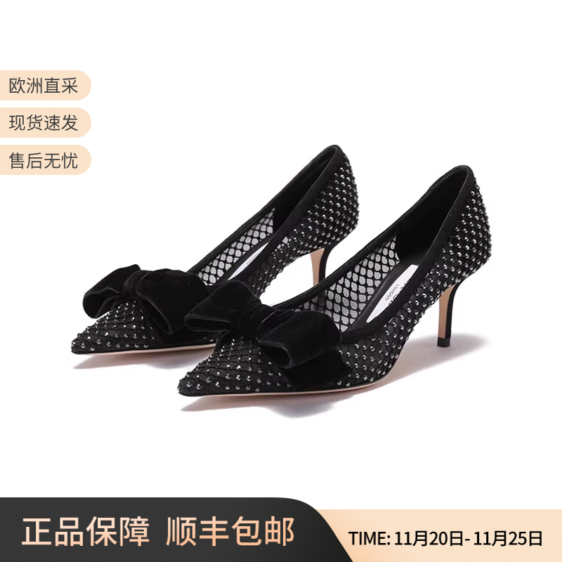 周仰杰高跟鞋蝴蝶结水晶网布