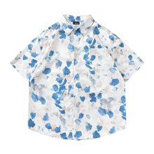蓝色系碎花短袖衬衫男多巴胺穿搭夏季潮牌特大码胖子宽松休闲衬衣