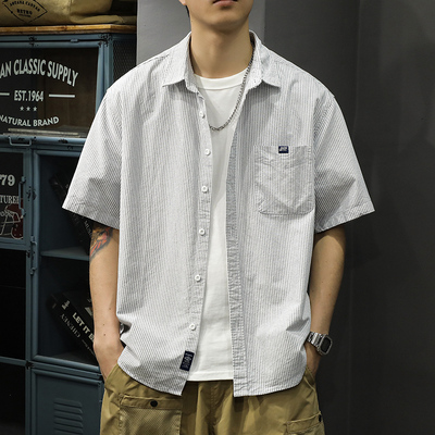 日系复古高级感竖条纹短袖衬衫男特大码夏季潮牌宽松透气休闲衬衣