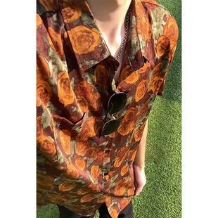 复古港味花卉痞帅风冰丝短袖衬衫男翻领宽松加肥大码夏季度假衬衫