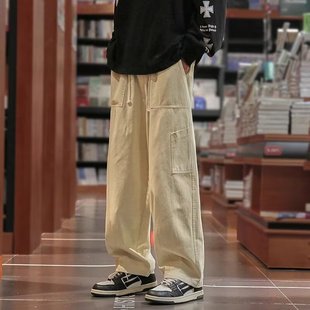 日系原宿风工装裤男秋冬纯棉直筒阔腿裤加肥加大码宽松垂感休闲裤