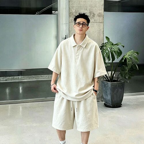 老钱风亚麻Polo短袖短裤大码套装