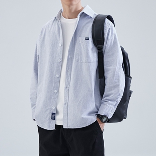 港式阳光文艺条纹长袖衬衫男春秋季加大码加肥300斤绣标衬衣外套