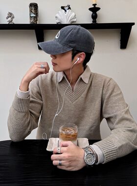 港式街头原宿风V领假两件毛衣男秋冬季厚款宽松特大码气质针织衫
