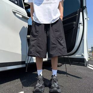 山本风暗黑系机能短裤男特大码冰丝速干褶皱七分裤夏季冰感工装裤