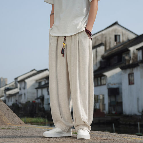 夏季中国风亚麻裤男新中式唐装宽松胖子大码阔腿灯笼裤垂感休闲裤