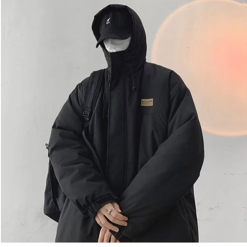 加大码加肥美式工装冲锋棉服男秋冬季简约棉衣外套连帽户外防风衣