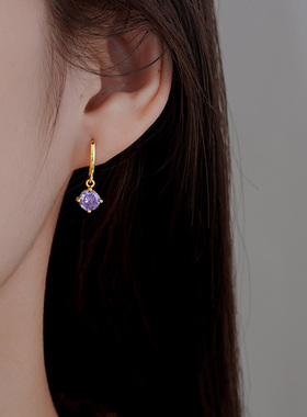精致高级感紫色锆石耳环女耳扣轻奢小众2025新款耳钉简约百搭耳坠