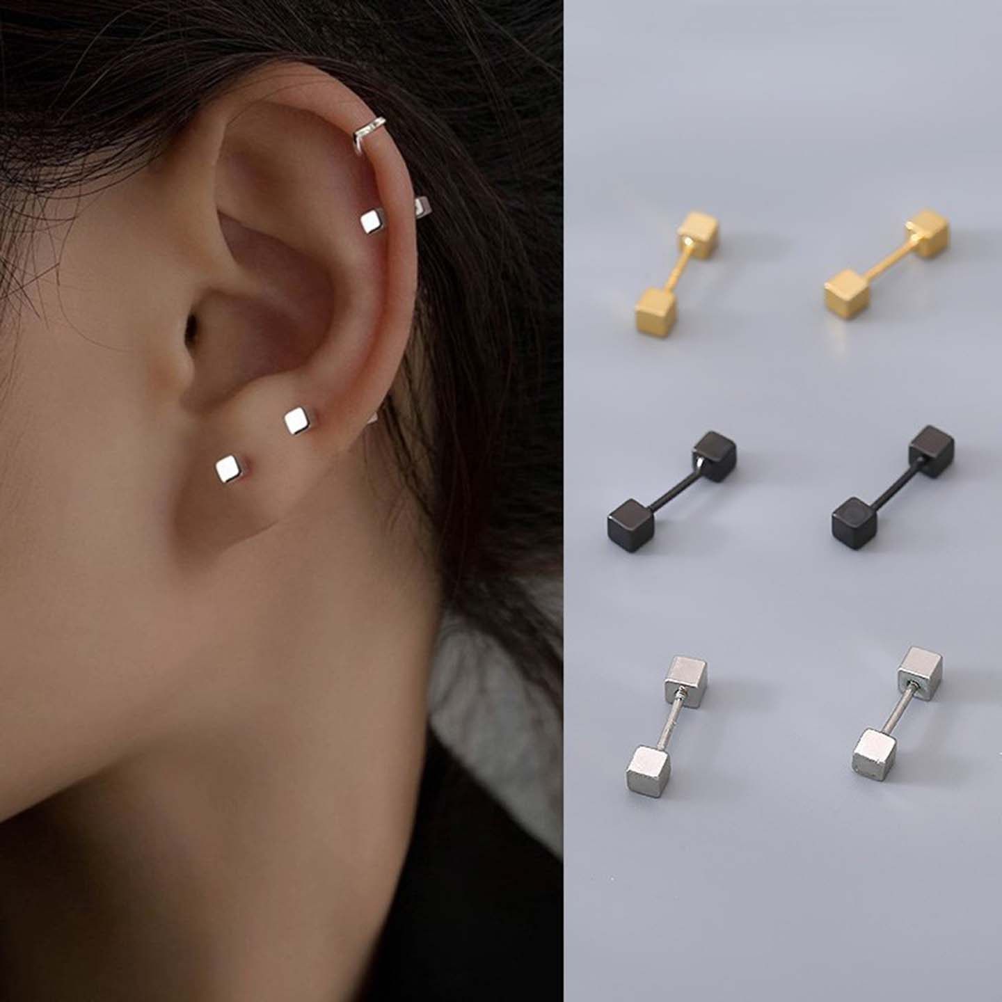 925银针方块耳钉女小众设计螺丝拧扣耳环个性冷淡风黑色耳骨钉,饰品/流行首饰/时尚饰品新,耳环,淘宝优惠券,粉丝福利购,淘宝优惠卷