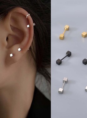 925银针方块耳钉女小众设计螺丝拧扣耳环个性冷淡风黑色耳骨钉