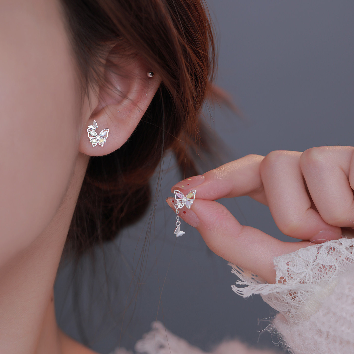 925银针蝴蝶彩钻流苏耳钉
