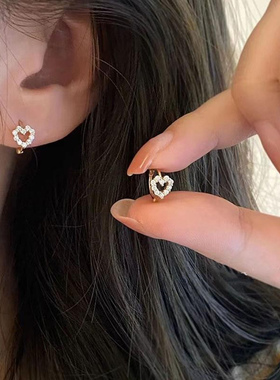 925银针闪钻爱心耳环女轻奢高级感圆圈耳环简约镂空心形百搭耳钉