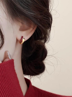 925银针复古红色珐琅耳环2025新款爆款耳钉轻奢小众高级气质耳扣