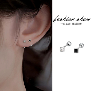 925银针锆石方块耳钉螺丝拧扣耳环精致迷你ins高级感养耳洞耳饰