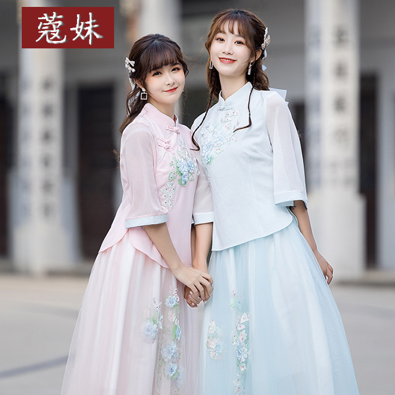 汉服女中国风大码绣花茶服夏唐装民国复古女装改良旗袍上衣亲子装