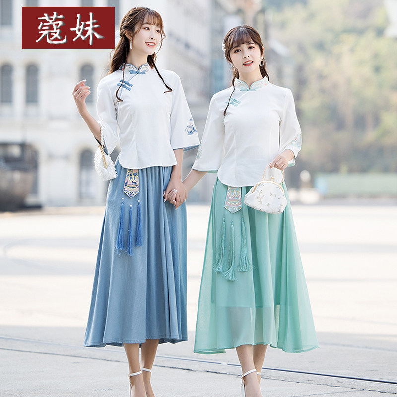 夏装汉服中国风绣花茶服唐装民国复古改良旗袍上衣套装母女亲子装