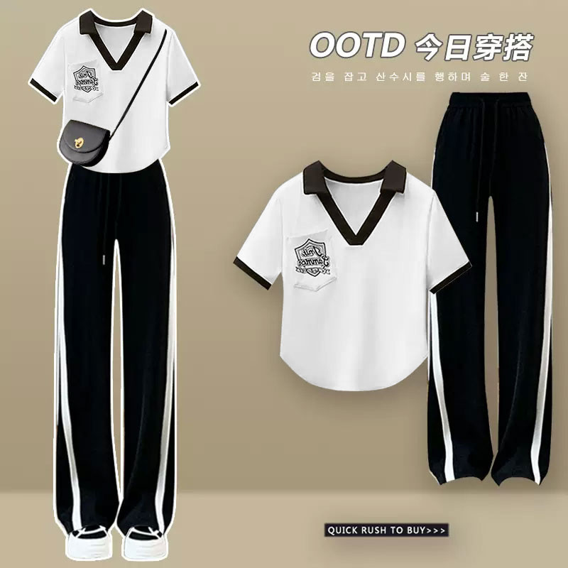 여성을위한 폴로 칼라 반팔 여름 정장 2023 연령 감소 캐주얼 와이드 레그 팬츠 탑을위한 새로운 소금 스타일 투피스 세트