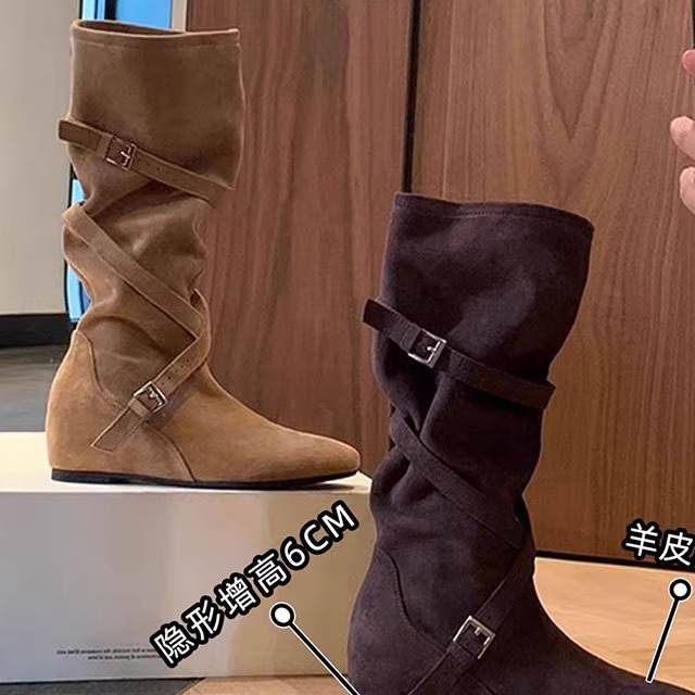 羊皮版小个子内增高堆堆靴勃肯靴子女美拉德废土风不过膝长筒靴子