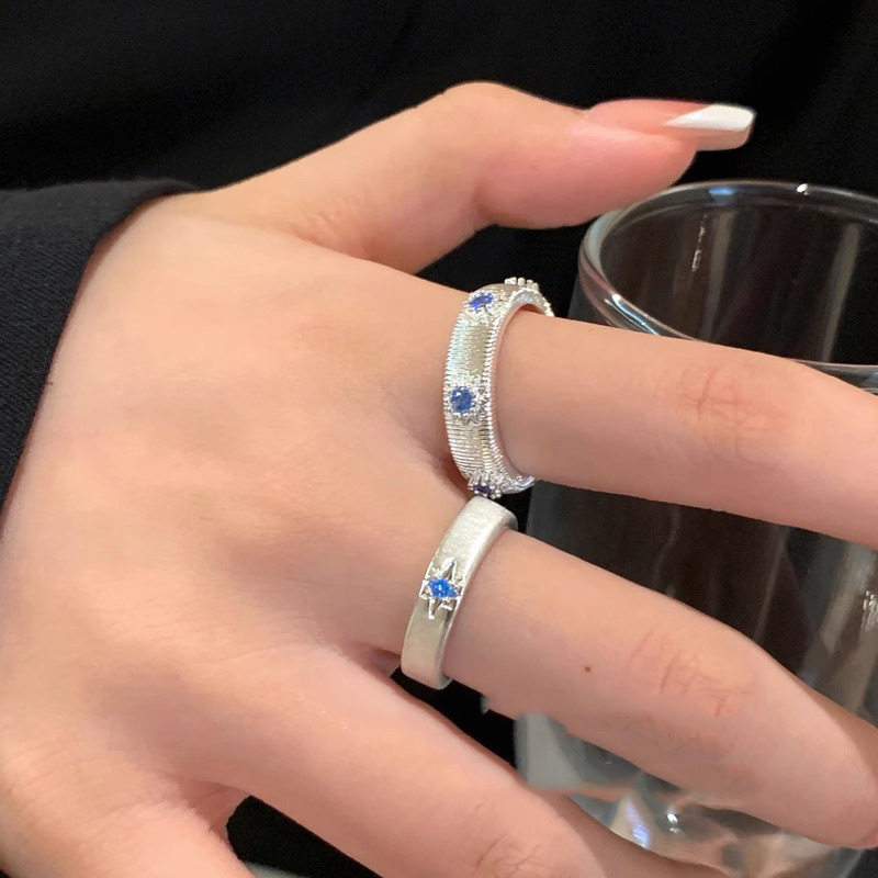 海蓝色拉丝锆石戒指女小众设计情侣食指戒轻奢感时尚个性指环