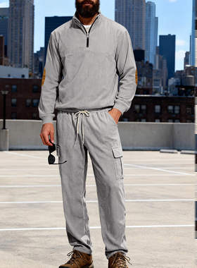新款 跨境男式休闲灯芯绒裤四季透气工装多口袋宽松拉链卫衣套装