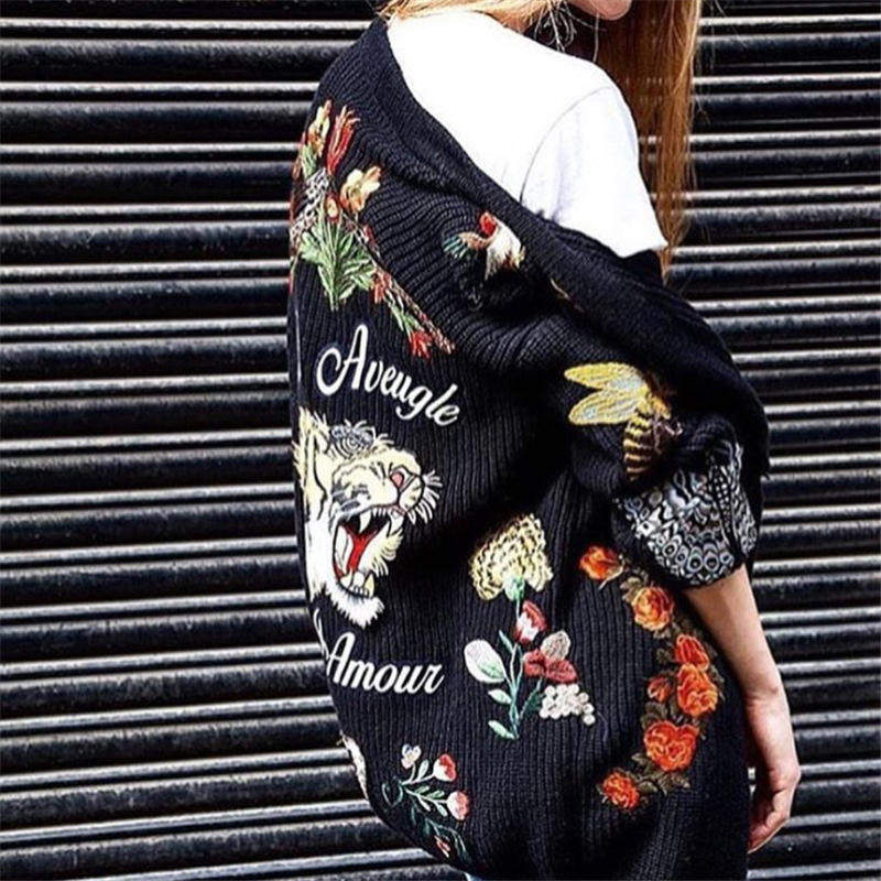 同款倪妮同款毛衣外套老虎图案刺绣2025秋冬明星街拍中长毛针织衫